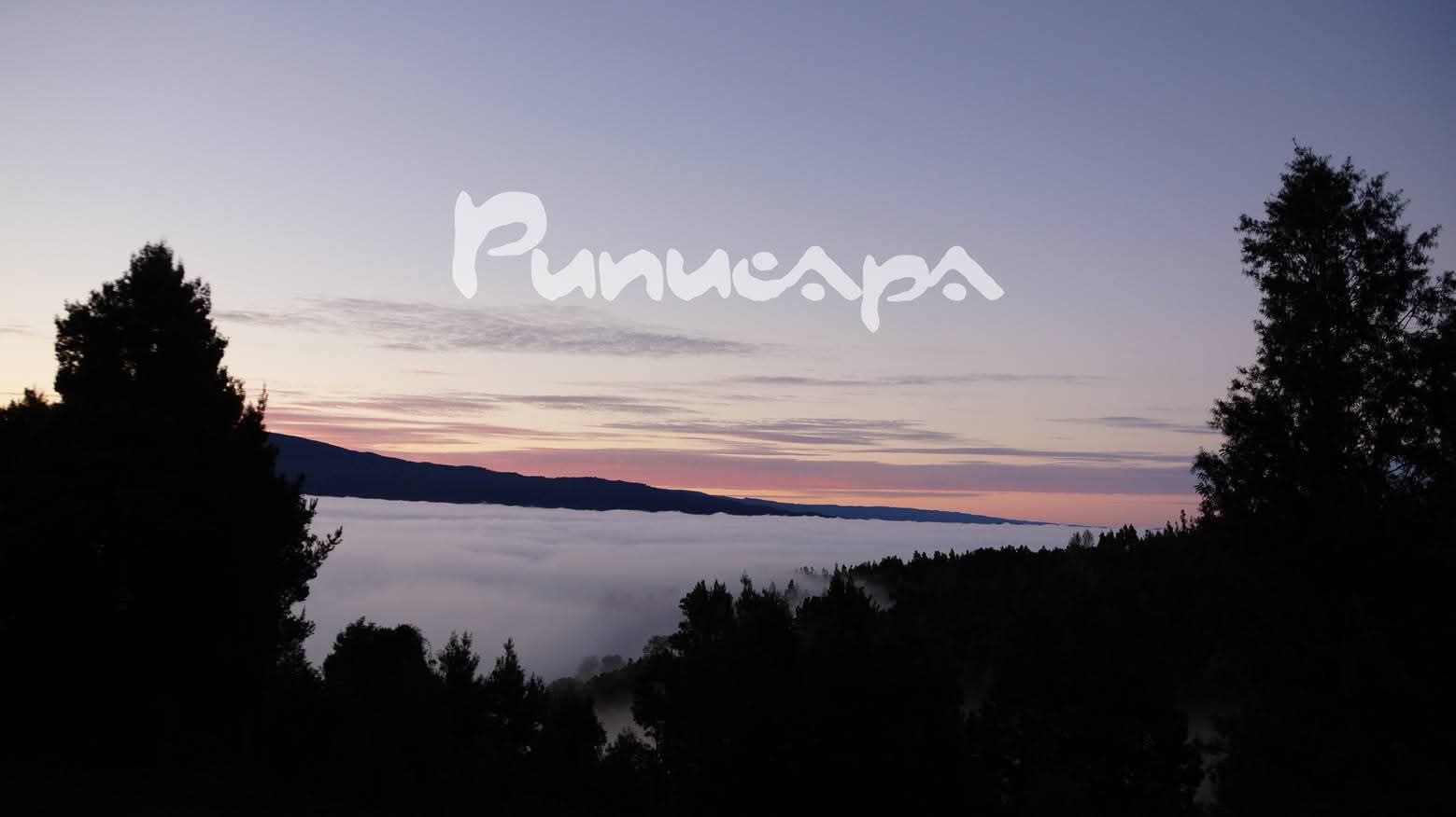 Valle cubierto de niebla al anochecer, con el nombre Punucapa en el cielo